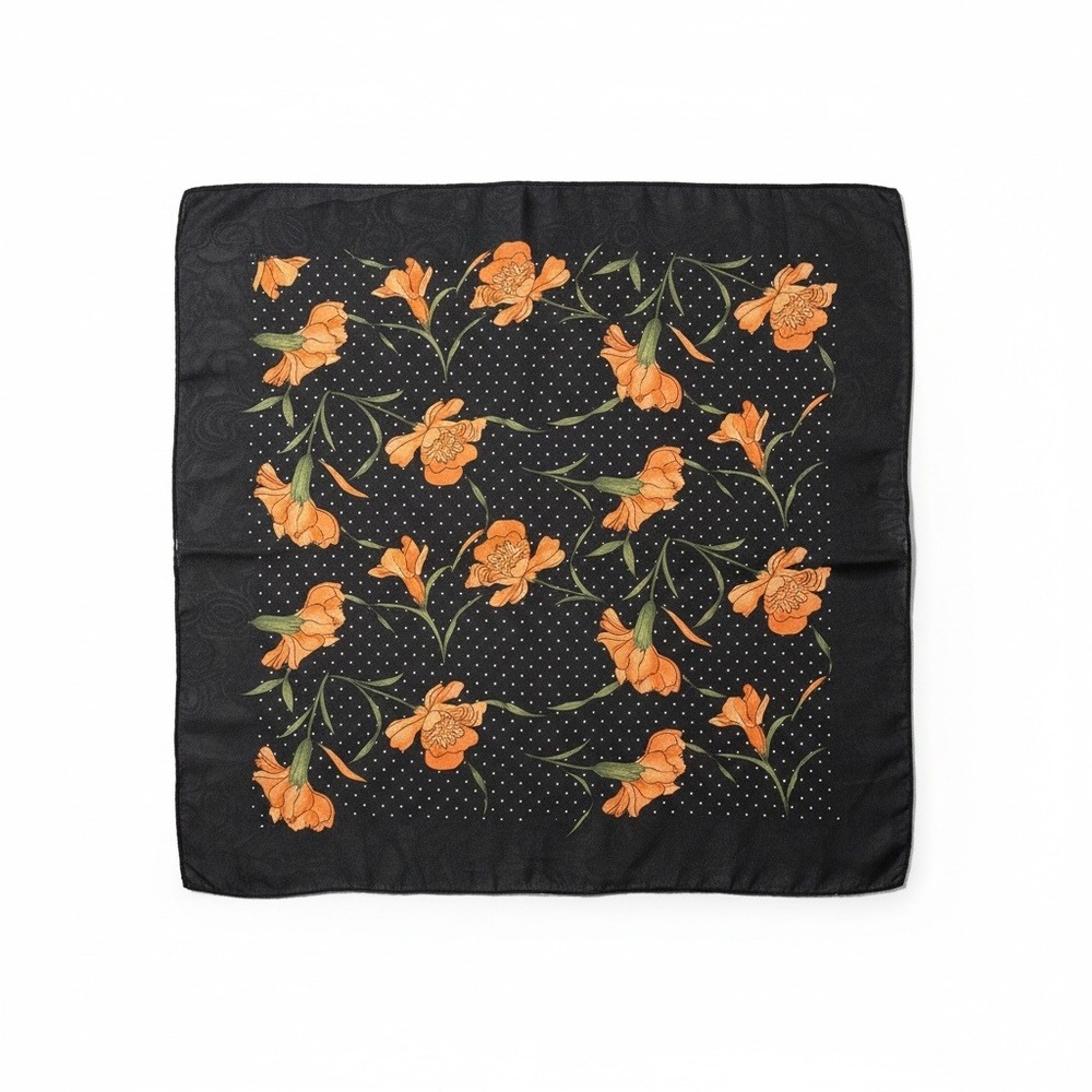 Vintage Sheer Black Orange Floral Polka Dot Square Neck Scarf Hair Wrap 20in
